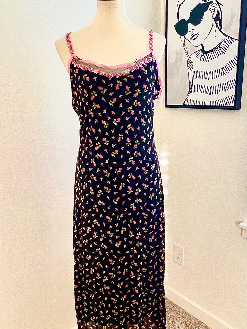Betsey Johnson Forever 21 Black Floral Slip Dress with Pink Trim